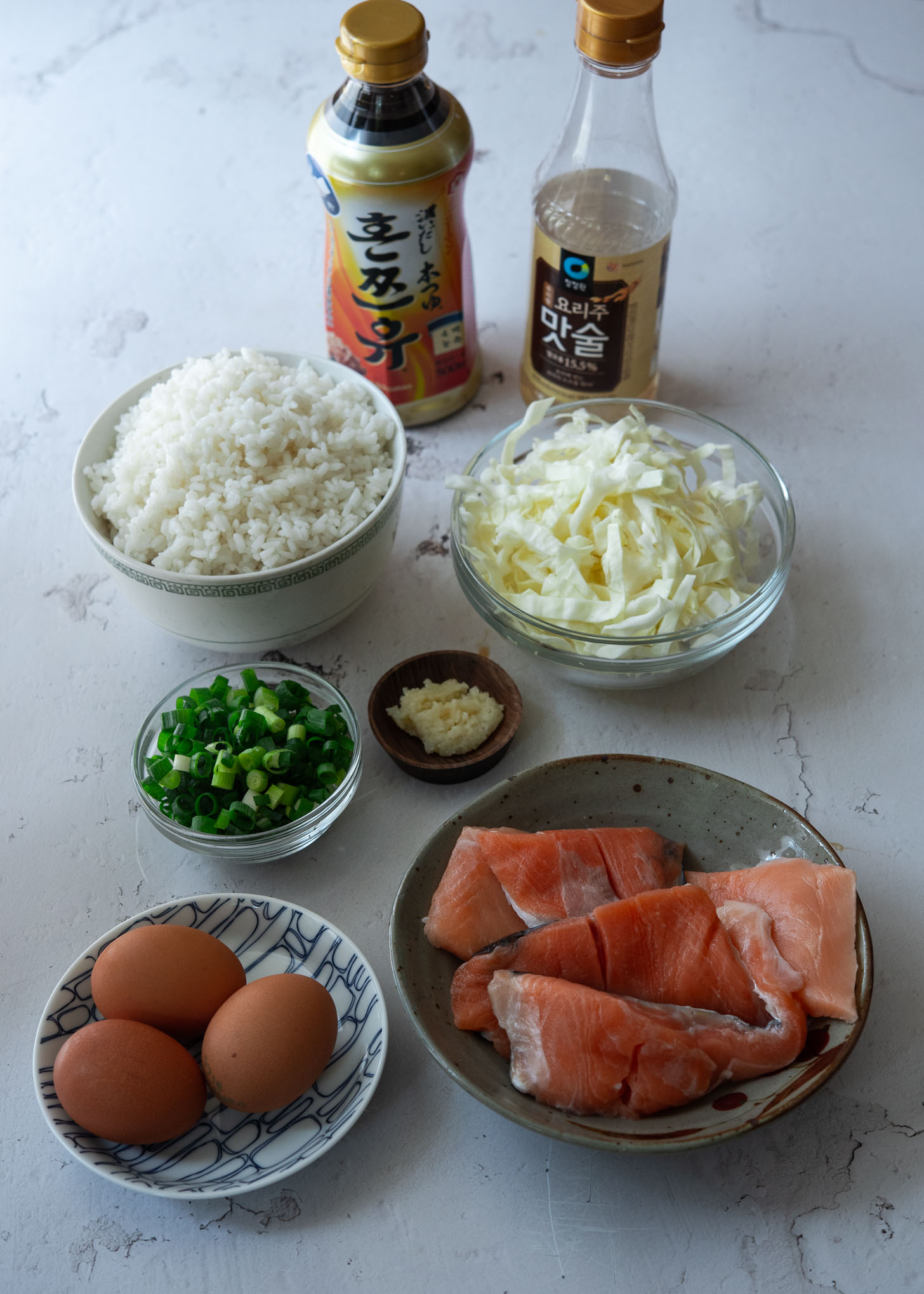 Ingredients for salmon fried rice shown