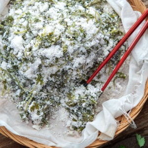 Soft ssuk beomuri Korean mugwort rice cake with fluffy crumb texture.
