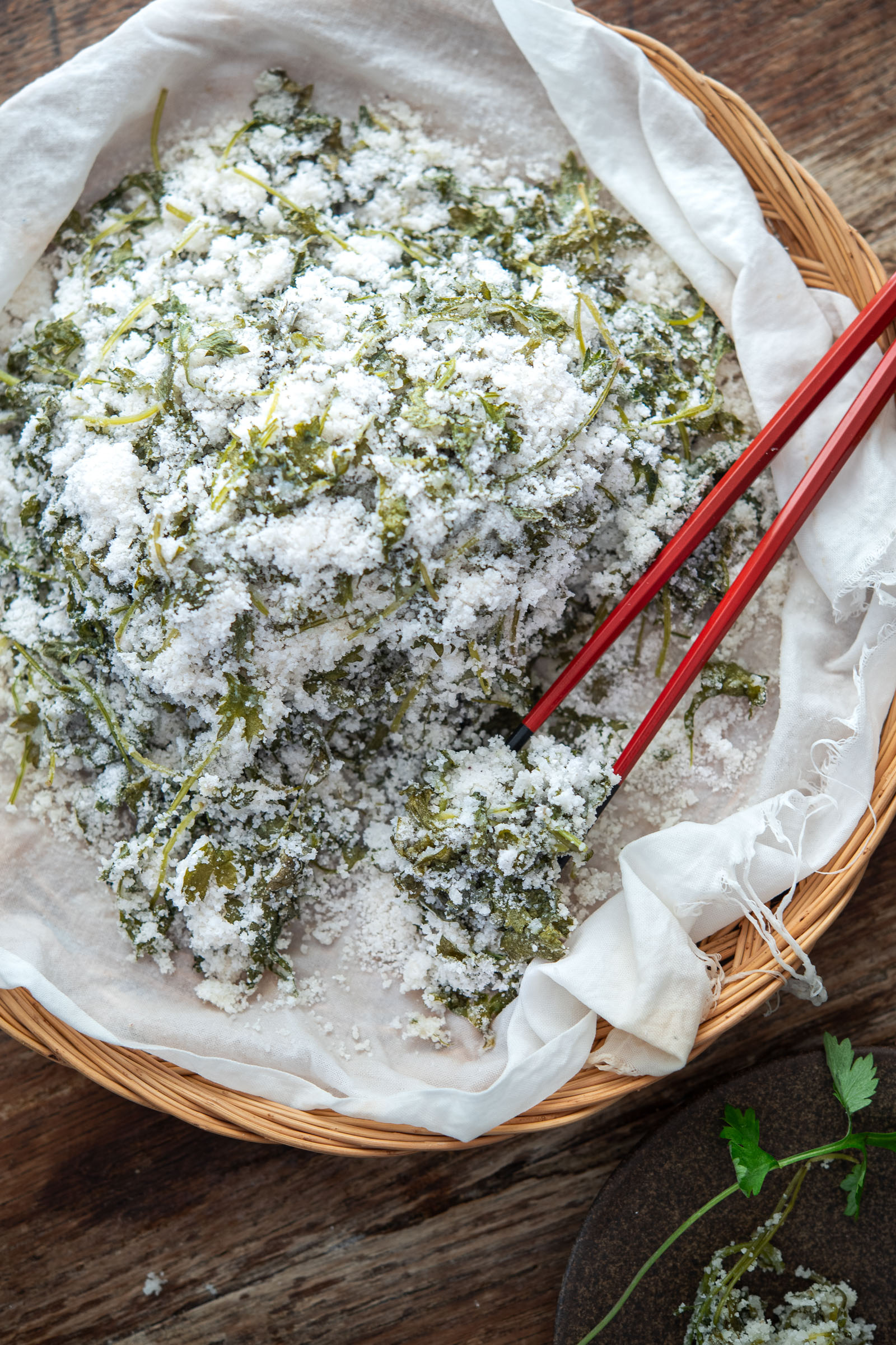 Soft ssuk beomuri Korean mugwort rice cake with fluffy crumb texture.
