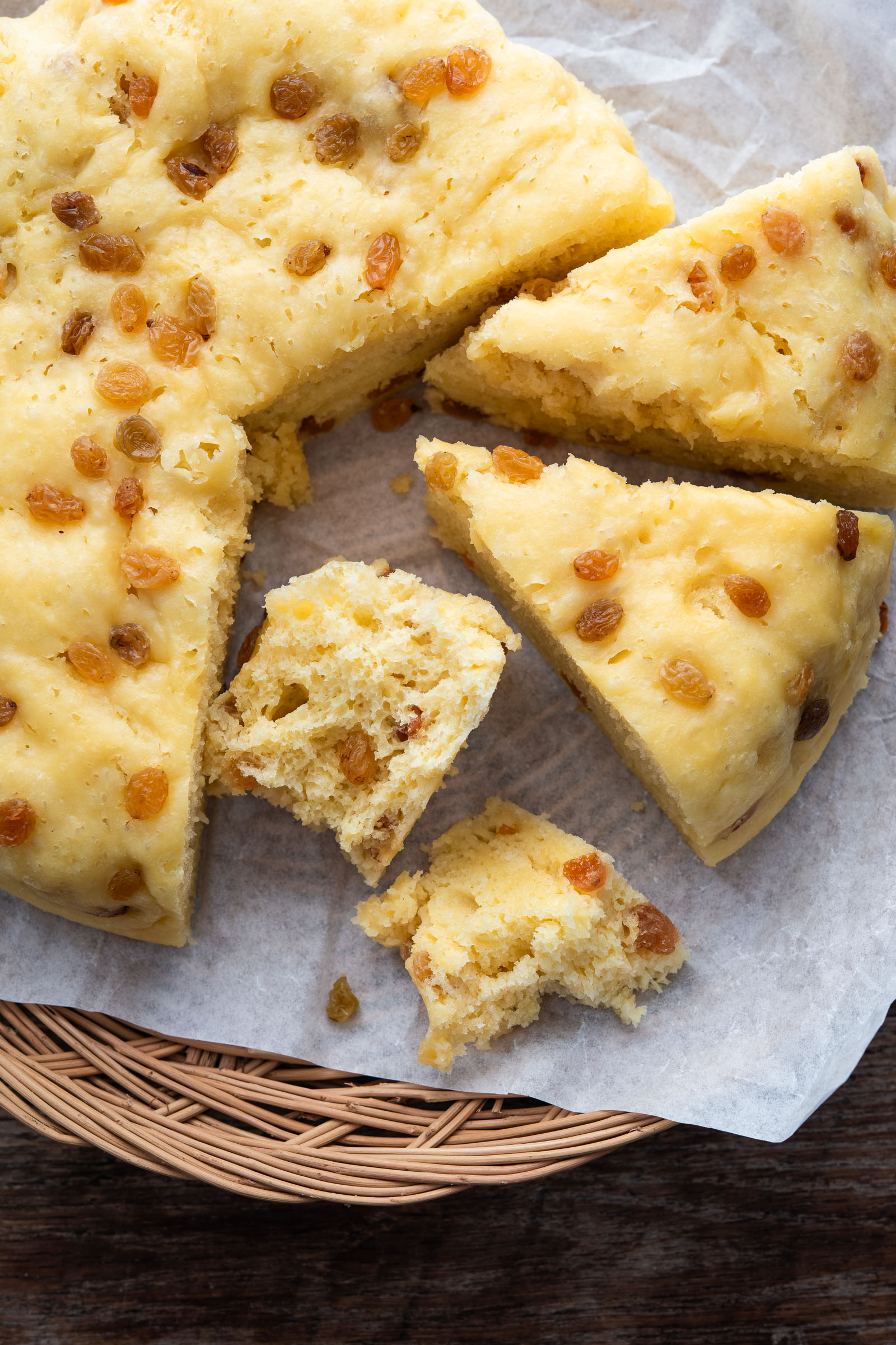 Fluffy Korean sulppang makgeolli bread sliced to show soft airy crumb with raisins