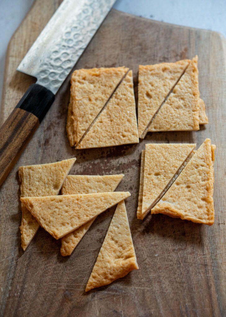 Sliced fish cake sheets cut into triangles