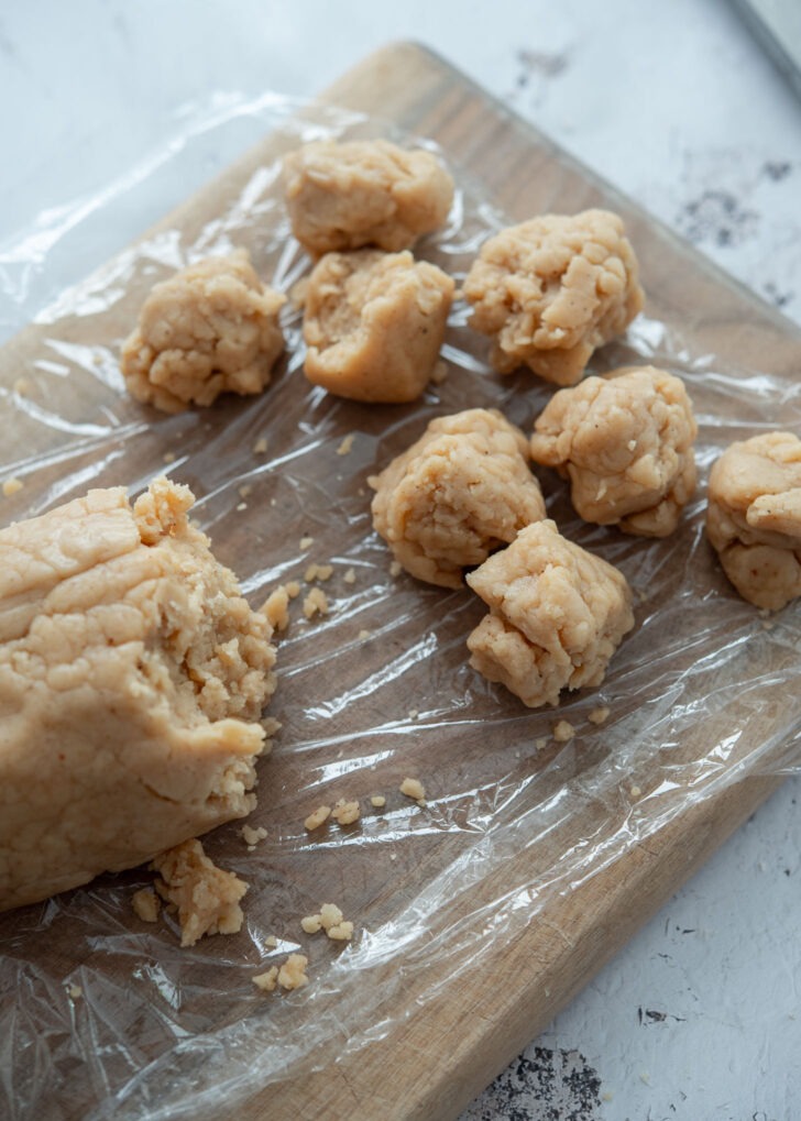 Portioning pieces from the yakgwa cookie dough