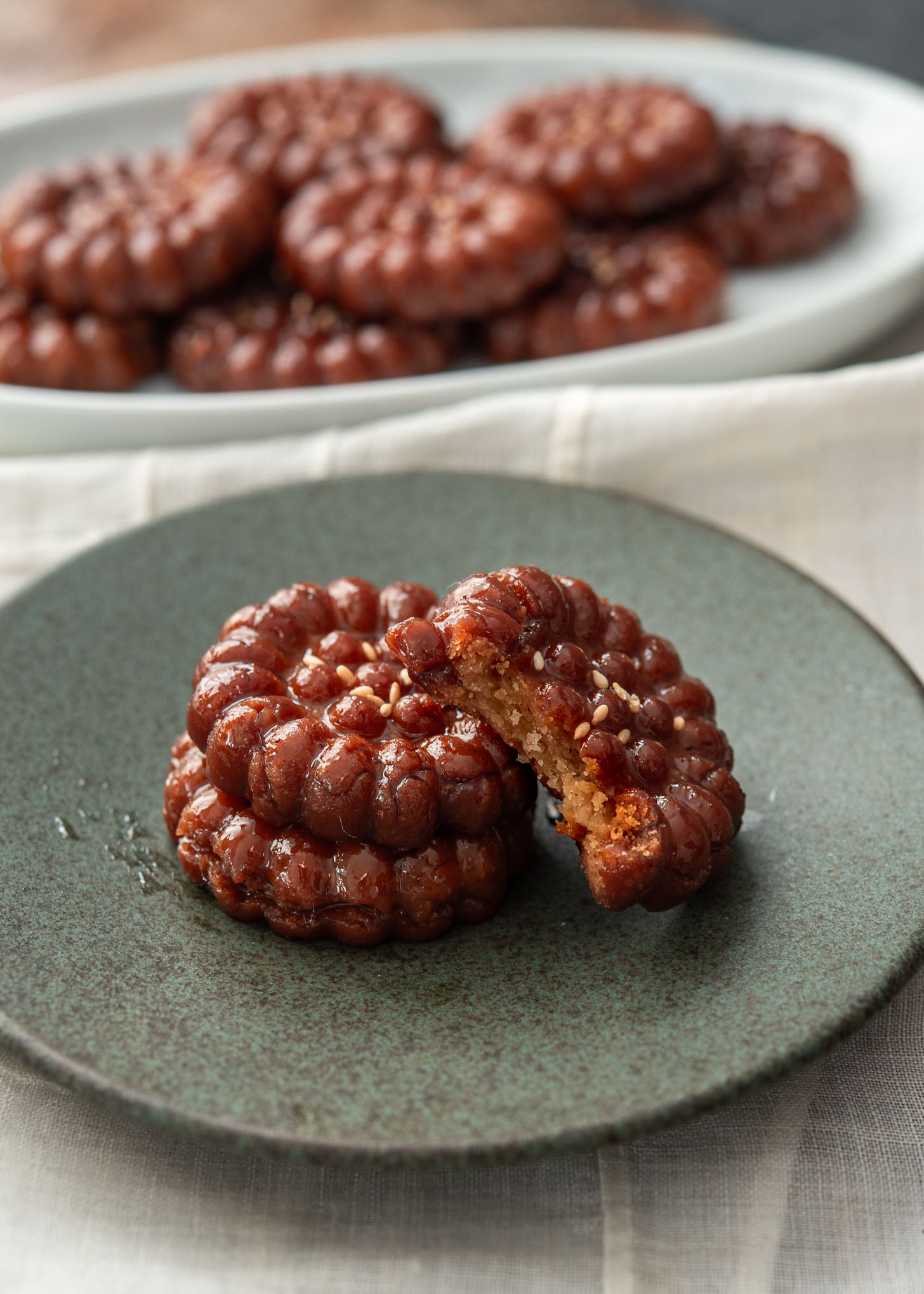 Yakgwa pieces on a plate showing their inner texture