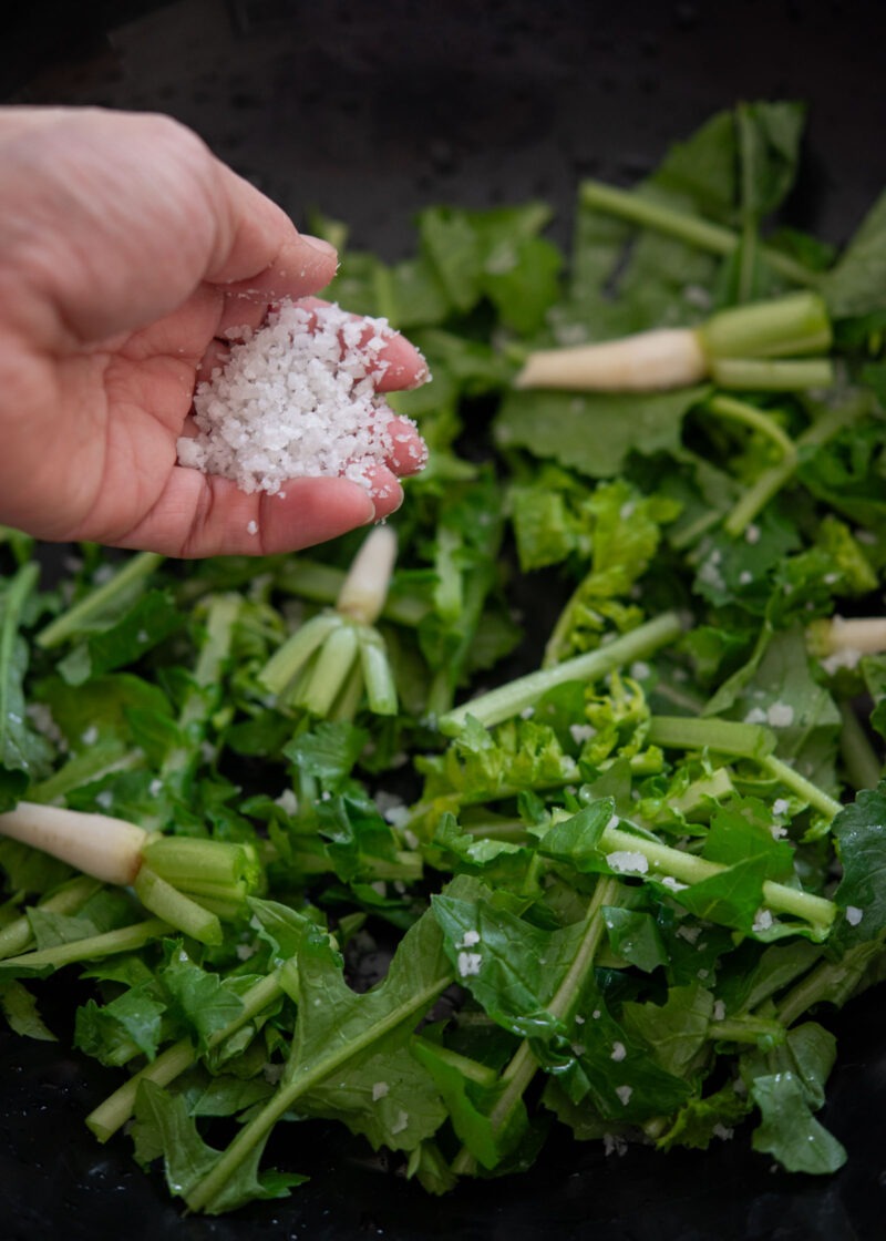 Sprinkling Korean coarse sea salt over young radish greens