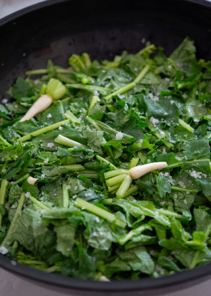 Young radish greens softened and wilted after saltin