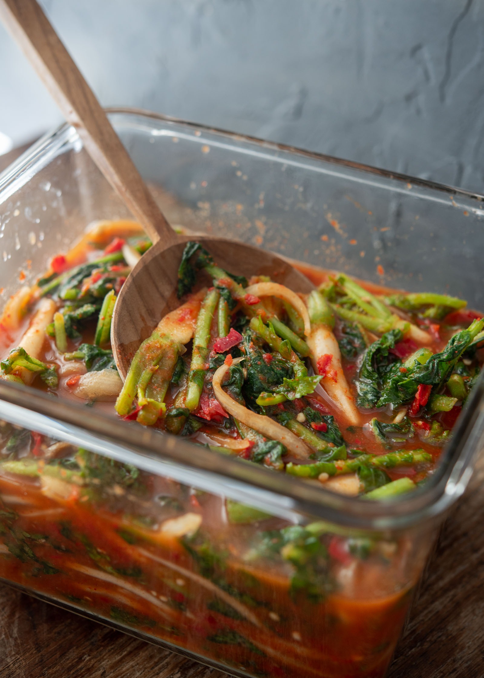 Ready-to-eat yeolmu kimchi with crisp radish greens and flavorful brine