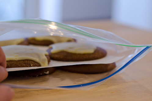 Put a waxed paper in between the layer of cookies when stored in the freezer.