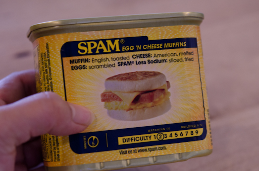 A hand is holding and showing the back side of a can of Spam.