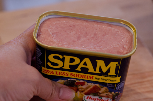 A can of Spam is opened and showing.