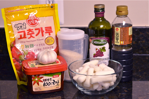 Pan fried rice cake ingredients are collected and shown.